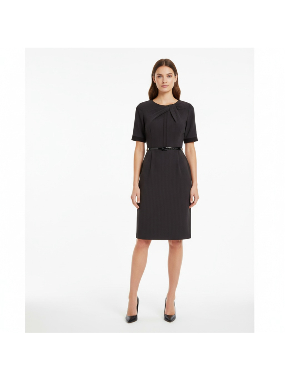 Anne Klein Black Pleated Belted Dress Short Sleeve Midi Size 12
